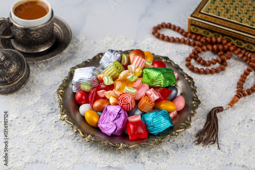 Obraz na płótnie Traditional Turkish Ramadan Sweet Sugar Candy, Chocolate candie and Almond candies w salonie