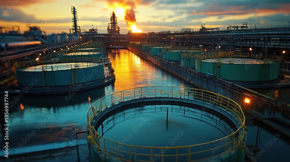 Naklejka premium Sunset over industrial complex with circular water tanks and refinery