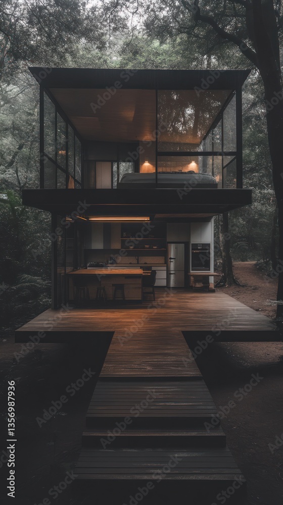 Modern glass & steel two-story home nestled in a lush forest setting Modern glass & steel two-story home nestled in a lush forest setting