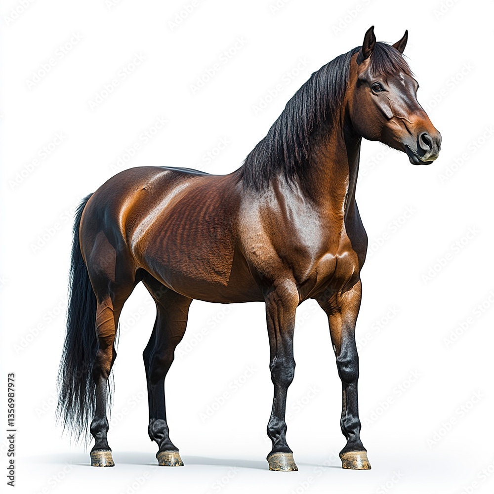 Obraz premium Realistic brown horse with a proud stance, its head raised slightly, smooth coat glowing under soft light, isolated on a pure white backdrop. 