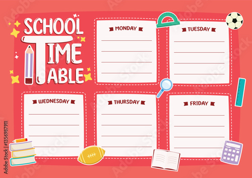 Design school schedule template and school timetable with school supplies.