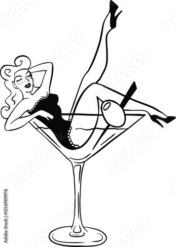 Cocktail girl in Martini line art whimsical illustration.