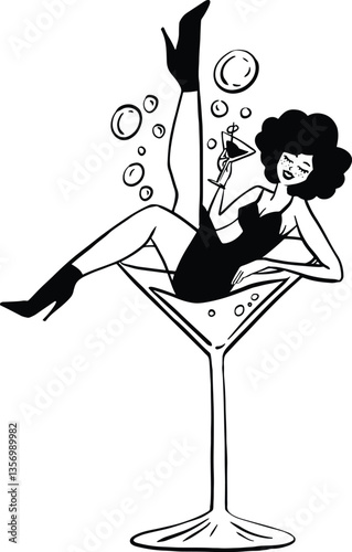 Cocktail girl in Martini line art whimsical illustration.