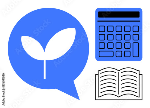 Leaf inside speech bubble, calculator, and open book representing eco-consciousness, education, and finance. Ideal for sustainability, learning, budgeting, environmental awareness teaching savings