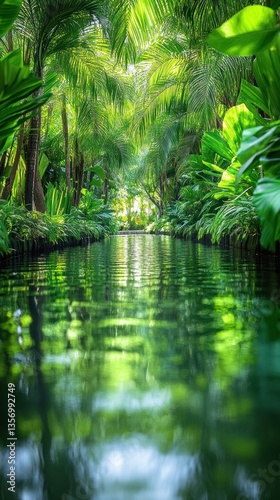 Lush green tropical canal reflects sunlight