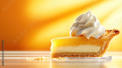Creamy lemon pie slice with whipped cream, sunlit background