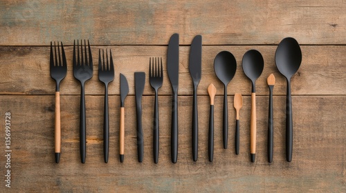 Flatlay of sleek black cutlery set with wooden accents on rustic wood