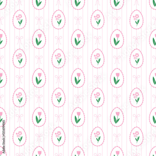 Spring seamless pattern of frame with tulips, flowers and bow knots. Modern provence cute background. Fabric textile print. Surface cover design.
