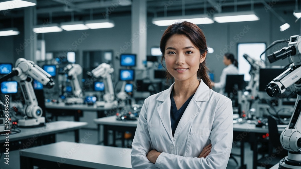 Confident Young Scientist in a Robotics Lab with Advanced Equipment, Suitable for Illustrating Themes of Scientific Research, Technological Advancement, and Industrial Innovation Confident Young Scientist in a Robotics Lab with Advanced Equipment, Suitable for Illustrating Themes of Scientific Research, Technological Advancement, and Industrial Innovation