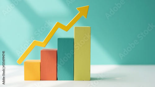 Colorful bar graph with upward trend on teal background, symbolizing growth and success Free Download Colorful bar graph with upward trend on teal background, symbolizing growth and success - GFXLoad