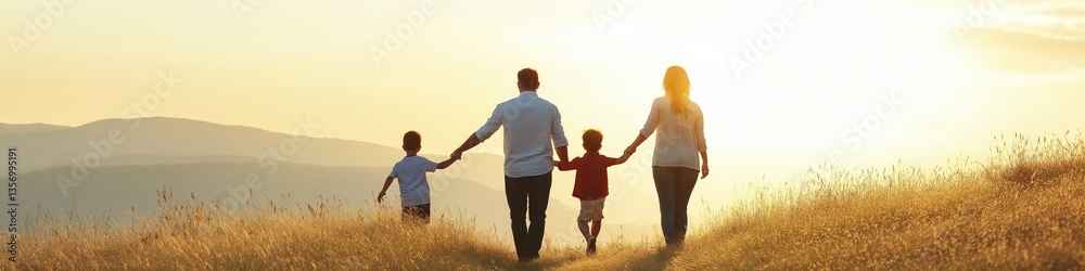 A family of four is walking together in a field. The sun is setting, casting a warm glow over the scene. The family members are holding hands, creating a sense of unity and togetherness A family of four is walking together in a field. The sun is setting, casting a warm glow over the scene. The family members are holding hands, creating a sense of unity and togetherness