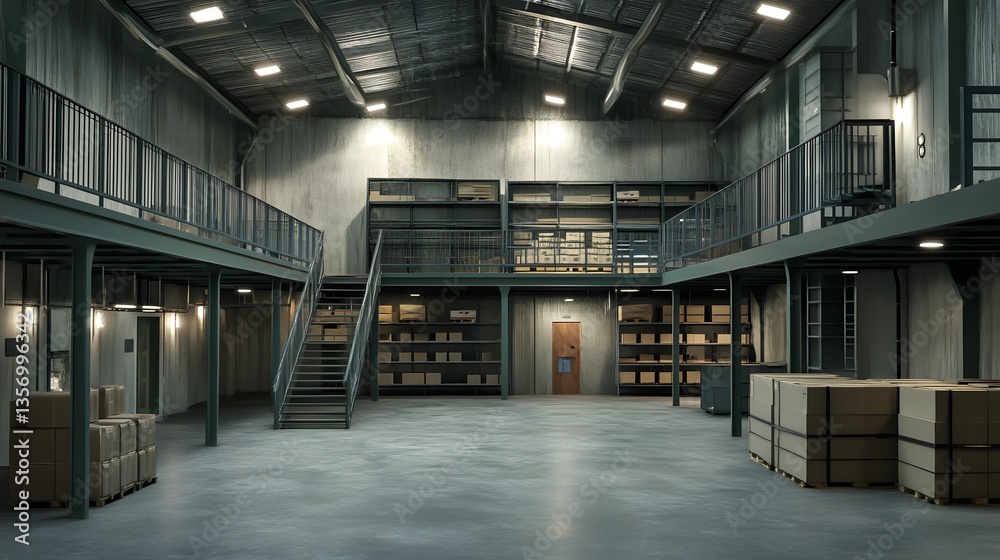 Warehouse interior with metal shelving and a secure mezzanine level. Warehouse interior with metal shelving and a secure mezzanine level.
