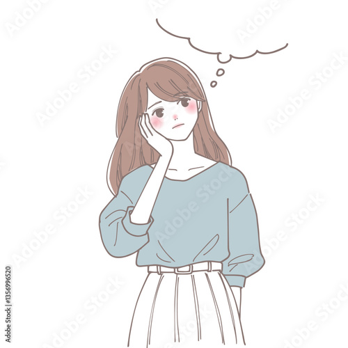考え事をしている若い女性のイラスト