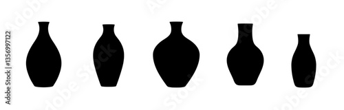 Silhouette set decorative vases shapes. Black vase collection traditional design simple icon.