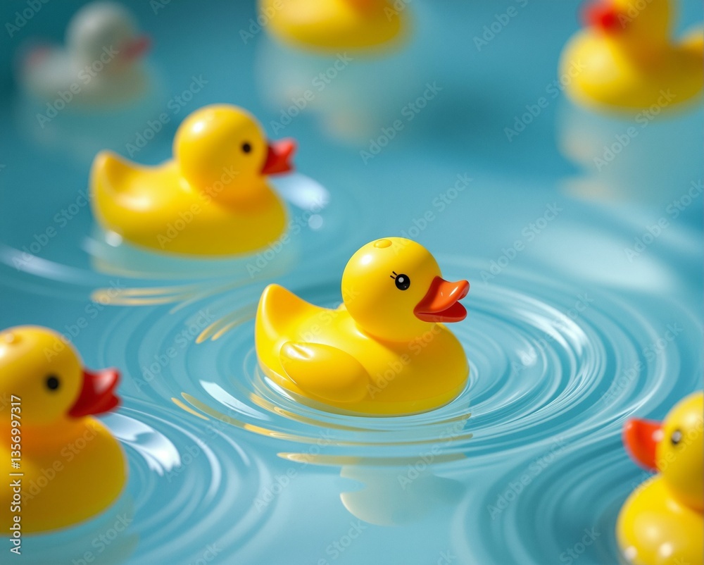 A playful scene featuring floating yellow rubber ducks creating ripples in a serene blue water environment. A playful scene featuring floating yellow rubber ducks creating ripples in a serene blue water environment.