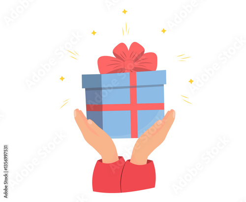 Present box with ribbon in hands, giving present, flat vector illustration