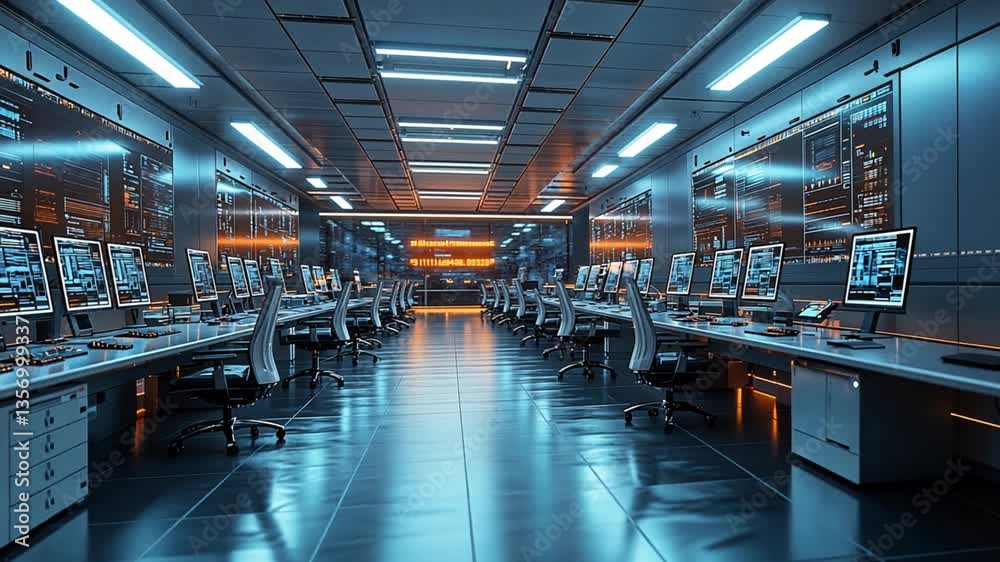 Futuristic control room with rows of computers. Interior shot. Possible use for technology, science fiction, or gaming projects Futuristic control room with rows of computers. Interior shot. Possible use for technology, science fiction, or gaming projects