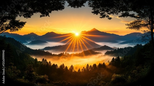 Majestic Sunrise Through Mountain Forest Frame photo