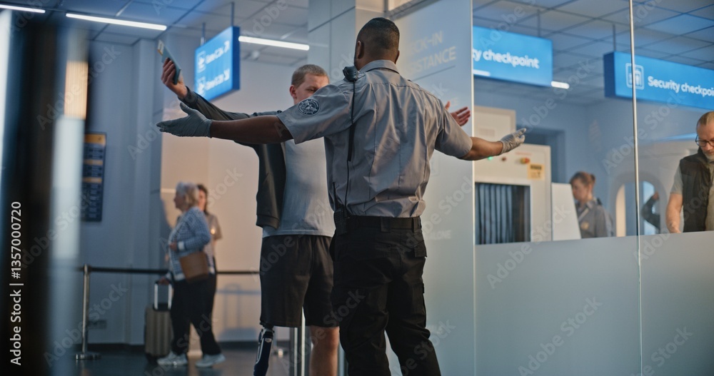 Security Checkpoint: African American TSA Officer Checking Young Man with Prosthetic Leg in Airport Terminal. Passenger Screening Procedures for Boarding Flight. Traveler with Disability Going on Trip Security Checkpoint: African American TSA Officer Checking Young Man with Prosthetic Leg in Airport Terminal. Passenger Screening Procedures for Boarding Flight. Traveler with Disability Going on Trip