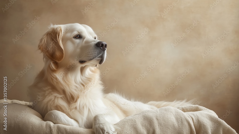 Obraz premium A fluffy Golden Retriever resting peacefully on a cozy bed. The dogs serene expression and soft fur add to the calm atmosphere, complemented by a warm neutral background.