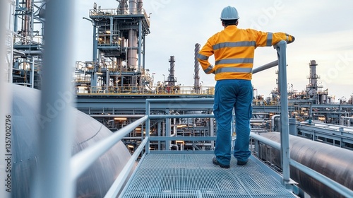A worker in safety gear observes an industrial facility, highlighting the importance of safety and oversight in a manufacturing environment.
