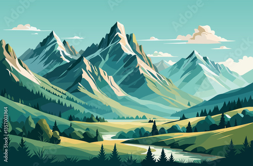 Landscape with mountain range with a river running. The mountains are covered in snow and the sky is clear. The scene is peaceful and serene, with the mountains and river creating a sense of calm