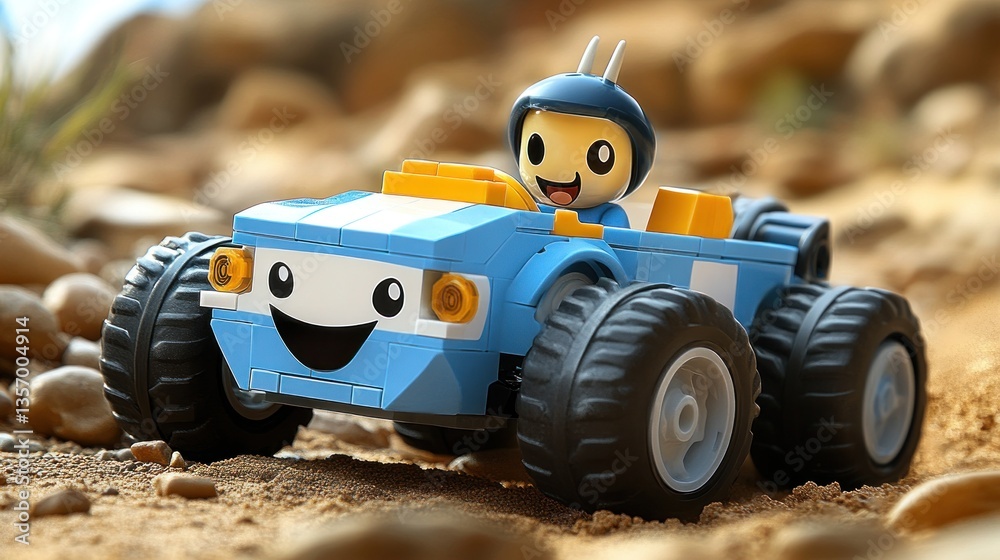 Obraz premium A happy, cartoon character drives a blue toy monster truck across a sandy terrain