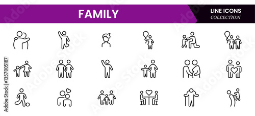 Family icon set. It contains parents, mothers, fathers, children, babies, grandparents, and household icons. Vector illustration.