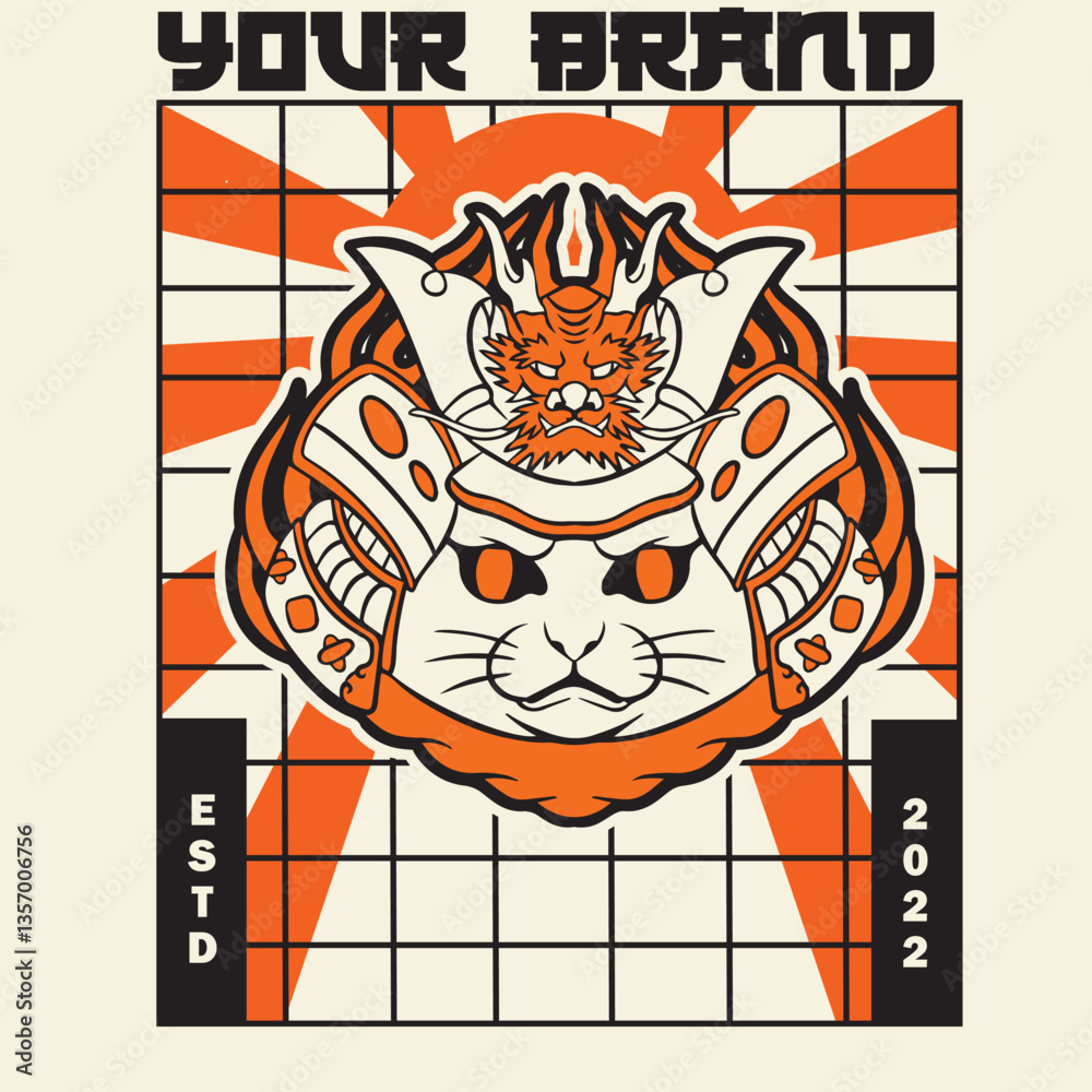 Fototapeta premium funny vector illustration of cat as a samurai , it can be use for shirt design or poster