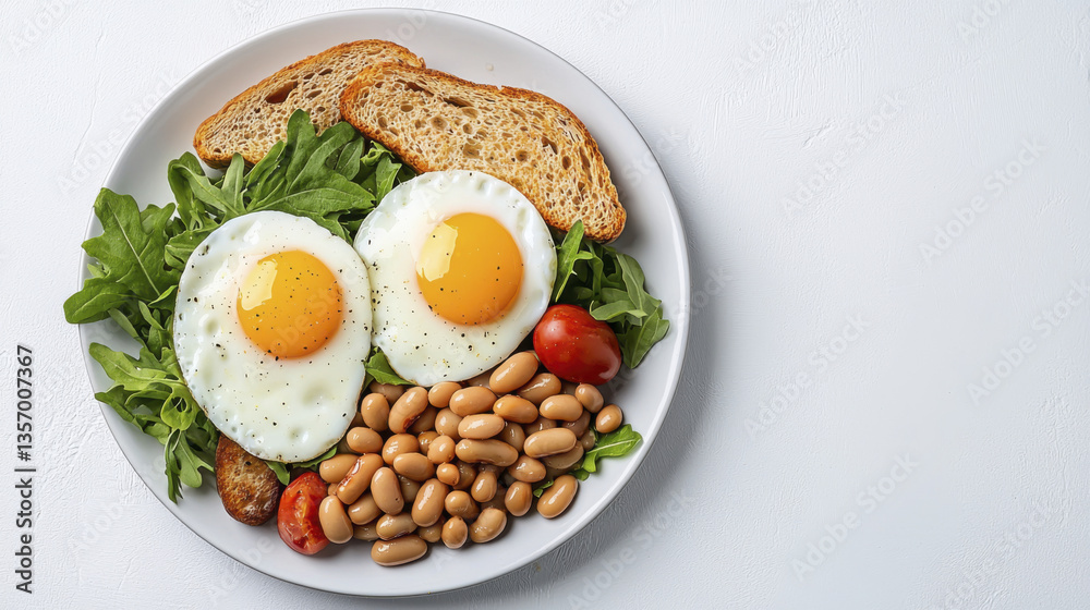 Fresh and nutritious breakfast plate featuring sunny side up eggs, leafy greens, baked beans, and whole grain toast, perfect for healthy start
