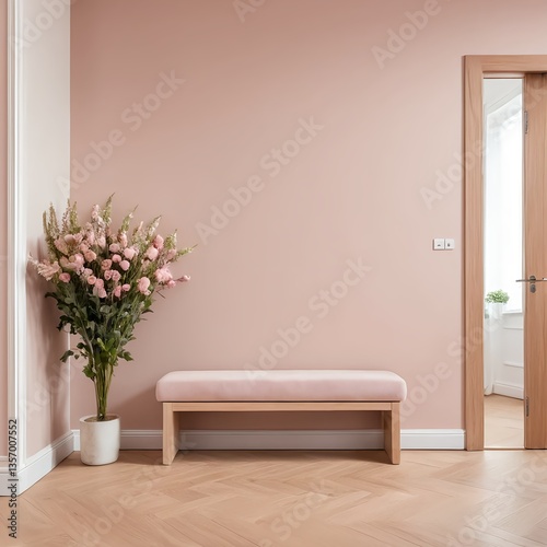 Pink Room Interior with Bench and Flowers