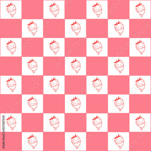 Seamless strawberry pattern on red and White Checkered Background
