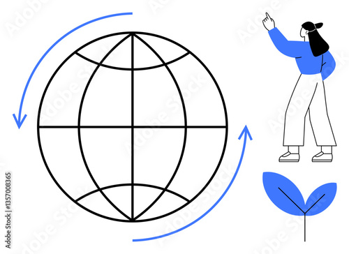 Globe with arrows symbolizing circular flow, person pointing ahead, and young sprout leaf growth. Ideal for sustainability, global growth, progress, environment, ecology, future vision green energy