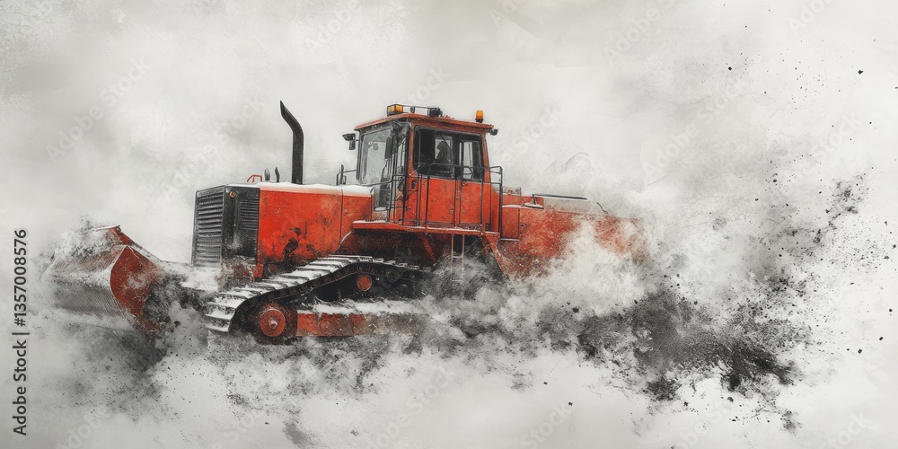 An orange snowplow pushes through snow with power and might An orange snowplow pushes through snow with power and might