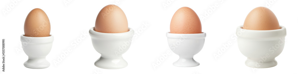 Four fresh natural eggs sitting upright in traditional white ceramic egg cups ready to be enjoyed for a healthy breakfast or snack Four fresh natural eggs sitting upright in traditional white ceramic egg cups ready to be enjoyed for a healthy breakfast or snack