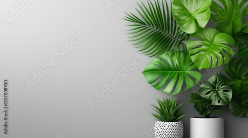 Gray wall with decorative tropical plants