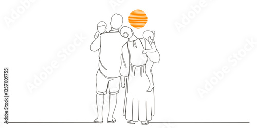 Happy family line art drawing style. United family portrait of parents and their little girl kid black linear sketch isolated on white background. Vector illustration