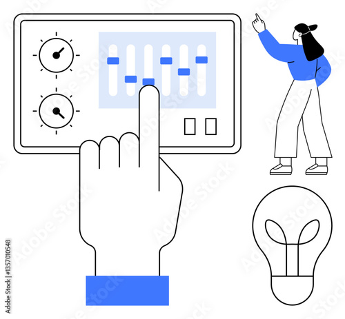 Hand interacting with sliders and dials on control panel, person gesturing towards lightbulb. Ideal for management, creativity, innovation, workflow, decision-making, control technology. Flat simple