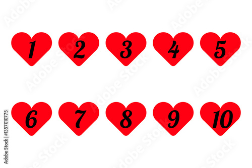 Table of Numbers from 1 to 10, made in red hearts on a isolated white color background