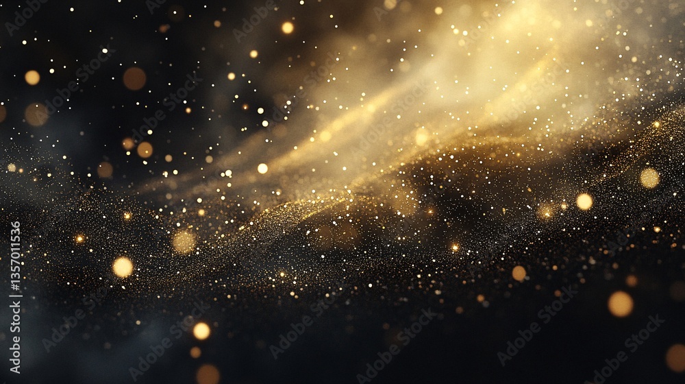 Fototapeta premium Golden particles swirl, dark background, celebratory design, abstract art
