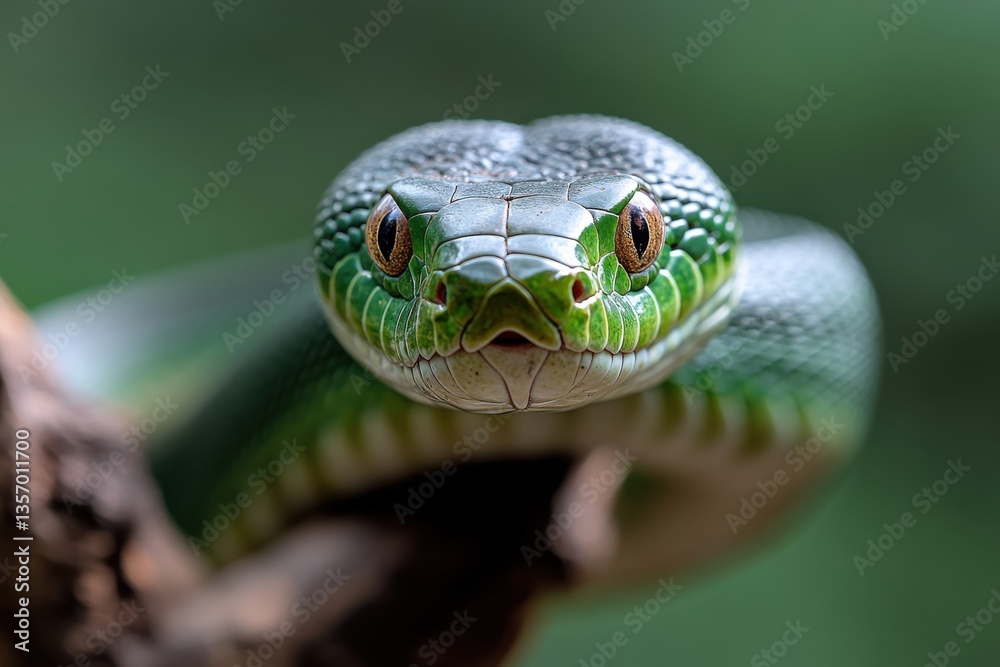 Fototapeta premium This magnificent portrait reveals the serene expression and vivid colors of a green tree snake, showcasing its beauty against a blurred green backdrop of foliage.