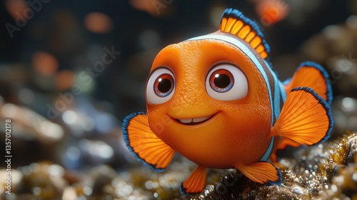 Adorable cartoon clownfish, ocean background