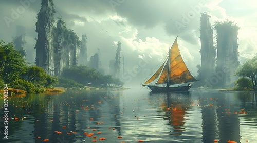 Wind powered ship sailing across flooded highways in a drowned cityscape visual metaphor for rising sea levels photo