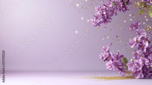 Delicate purple flowers with gold flecks adorn a light backdrop