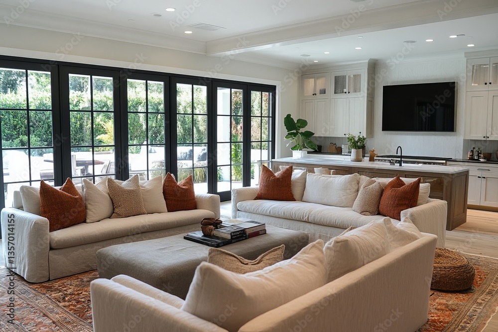 A luxurious and well-designed living room, featuring a comfortable seating area and elegant decor. The room has large glass doors offering beautiful views of the outside and a stylish kitchen. A luxurious and well-designed living room, featuring a comfortable seating area and elegant decor. The room has large glass doors offering beautiful views of the outside and a stylish kitchen.