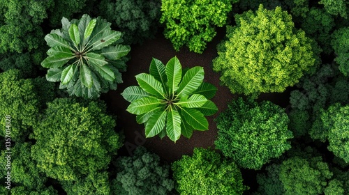 Lush green forest canopy, central sprout, aerial view, nature's harmony photo
