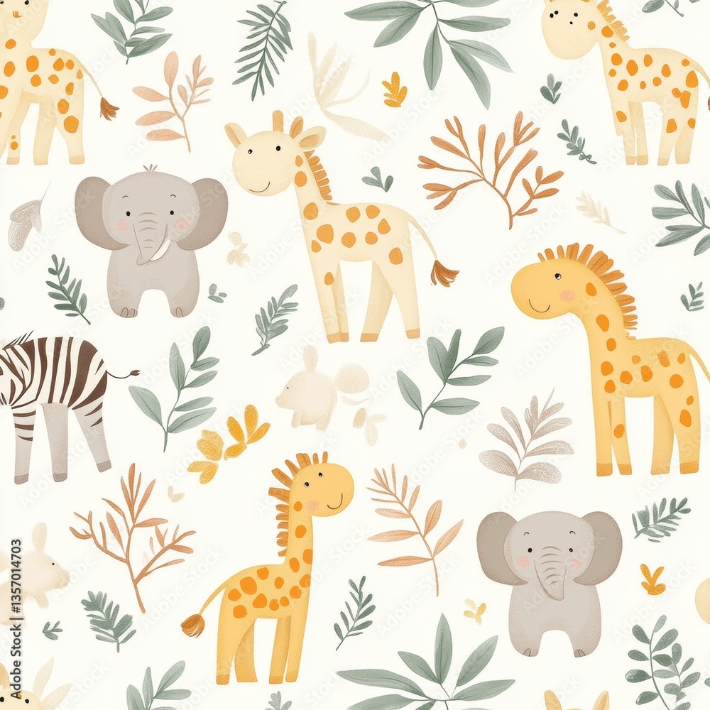 Cute seamless pattern with cartoon giraffes, elephants, and zebras among tropical leaves in earthy tones Generative AI Cute seamless pattern with cartoon giraffes, elephants, and zebras among tropical leaves in earthy tones Generative AI