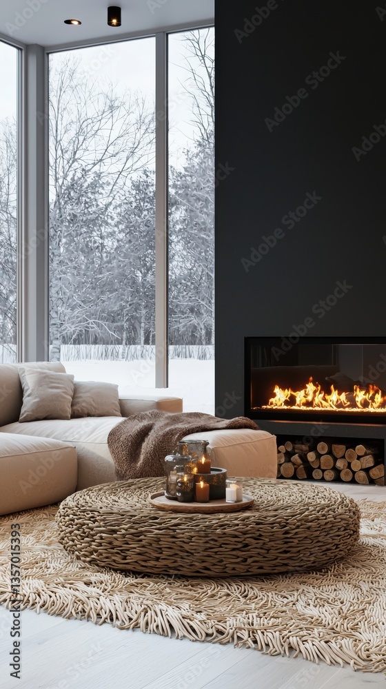 Fototapeta premium Chic minimalist living room with winter views and cozy accents