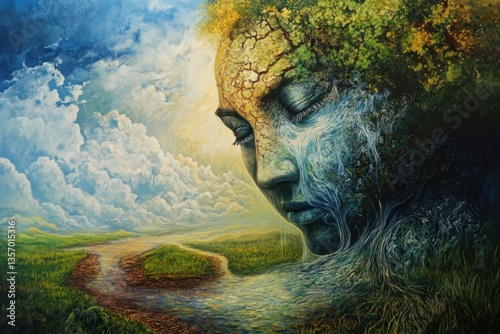 A dreamlike painting of Mother Earth shedding tears, with rivers forming from them,