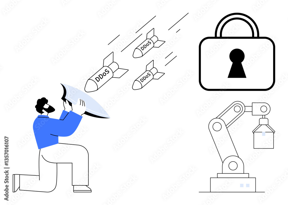 Man using shield to protect against incoming DDoS attacks, with lock and robotic arm in view. Ideal for cybersecurity, internet safety, protection, data security, industrial security, online threats Man using shield to protect against incoming DDoS attacks, with lock and robotic arm in view. Ideal for cybersecurity, internet safety, protection, data security, industrial security, online threats